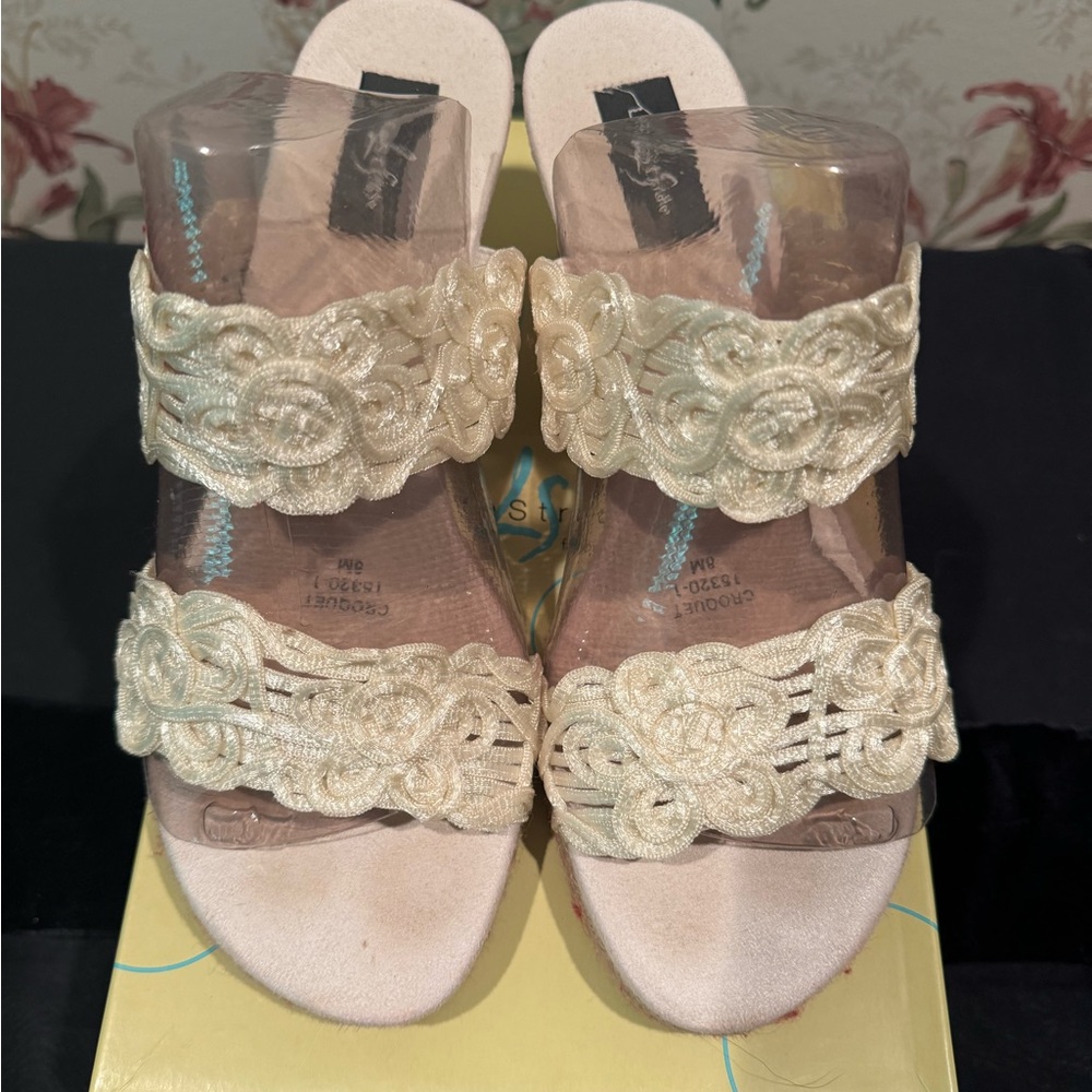 Life Stride Ivory Floral Lace Wedge Sandals